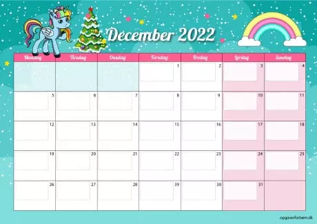 Kalender til børn 2022 - enhjørninger